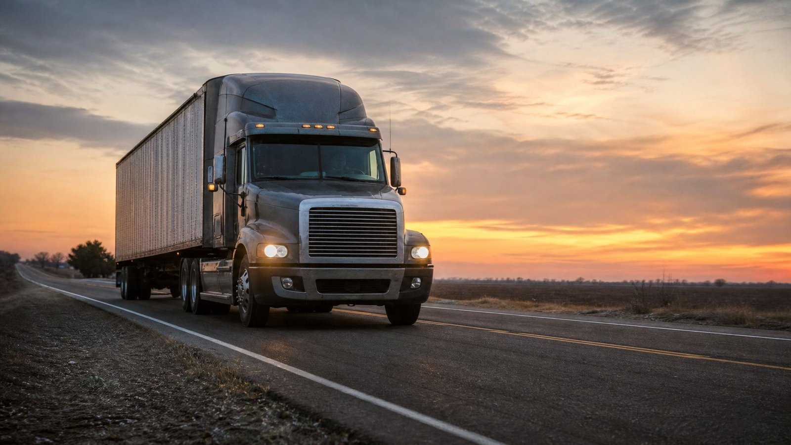 Semi truck on an open highway at sunrise