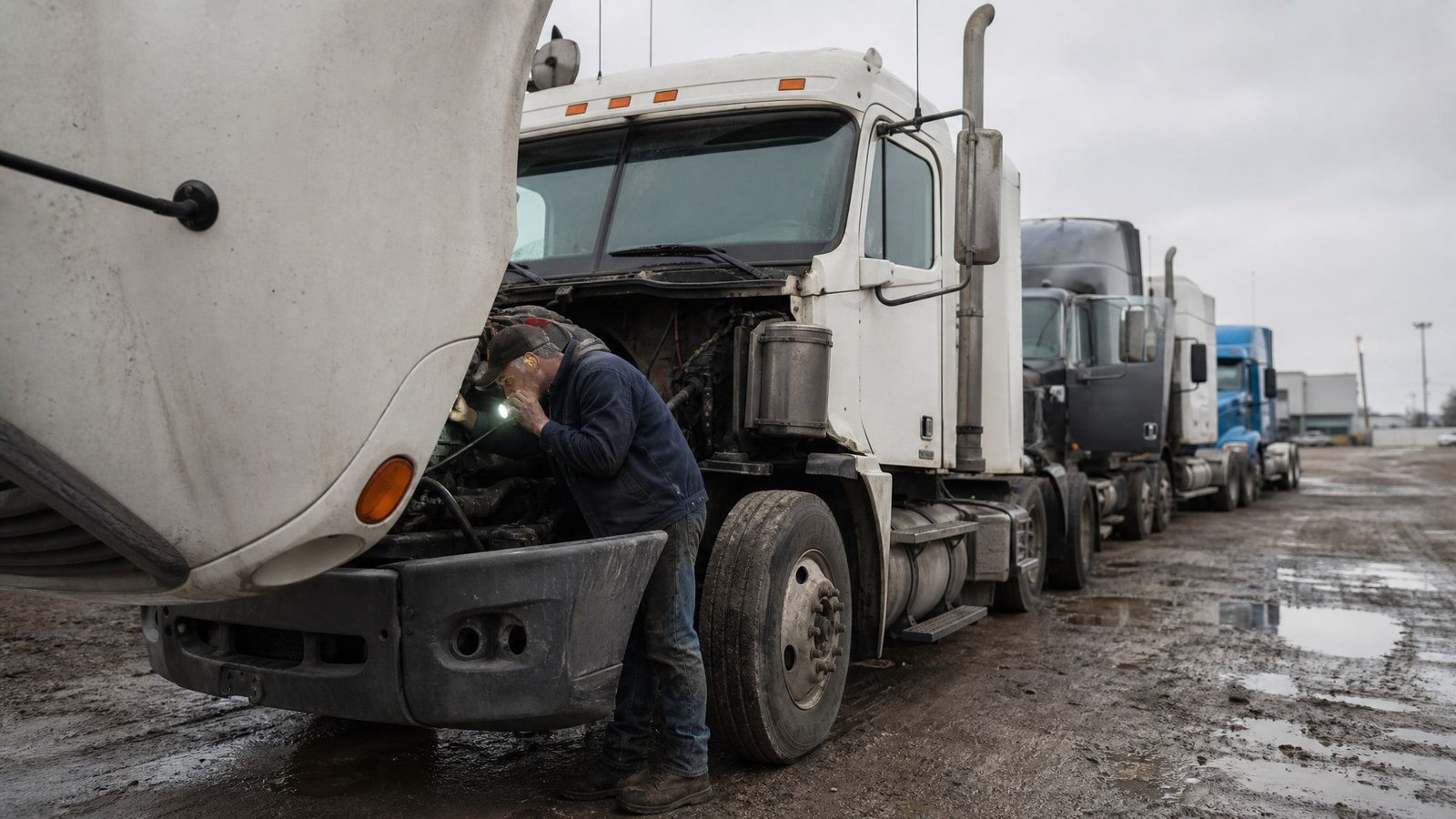 Owner operator inspecting the engine of a used semi truck on a dealer lot