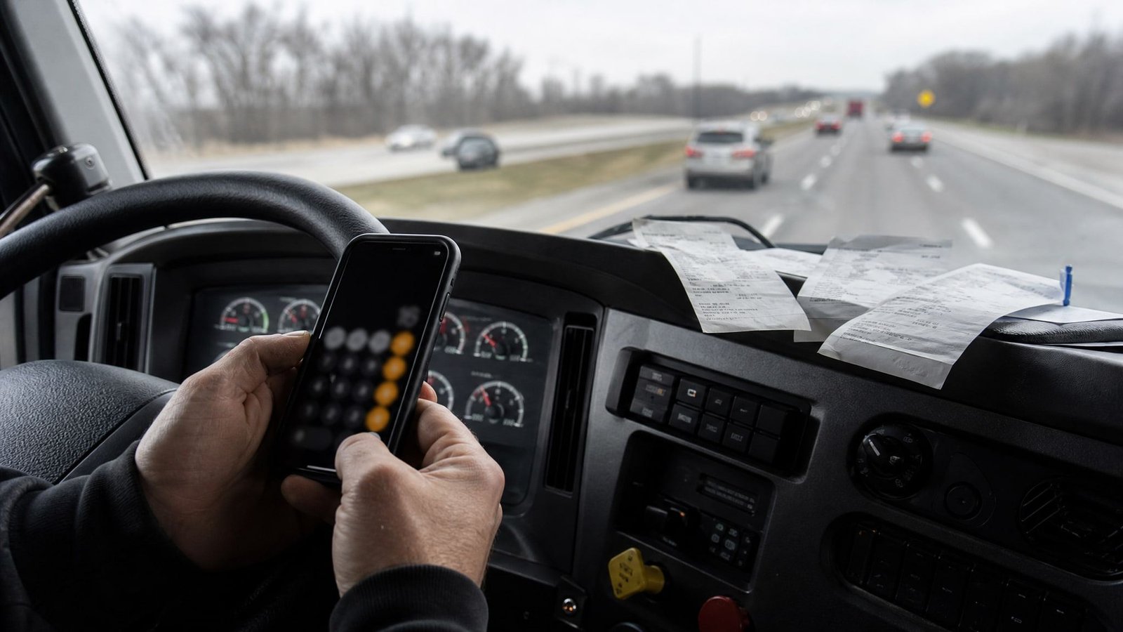 Truck driver working out his cost per mile on a phone with fuel receipts on the dash