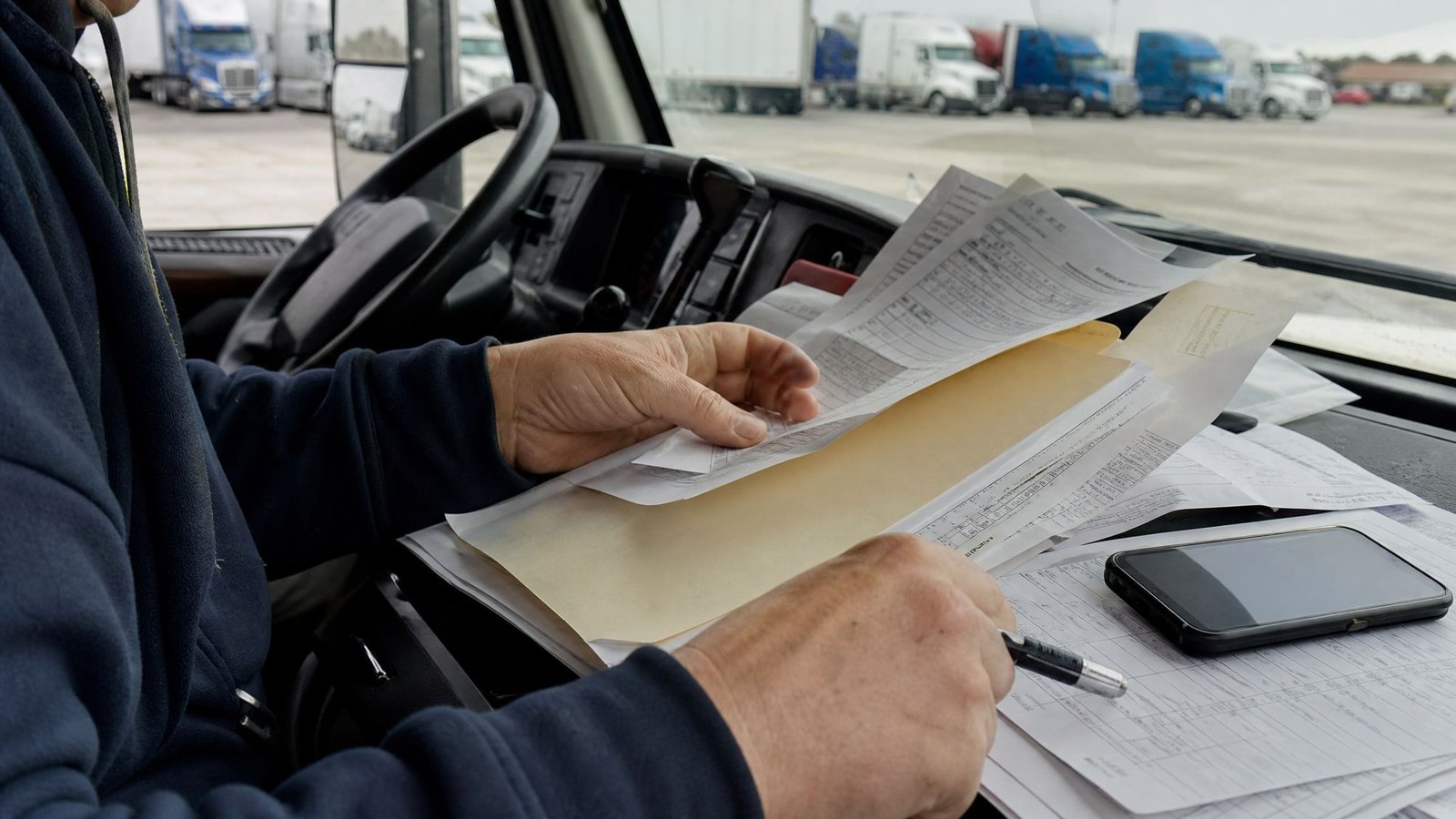 New owner operator sorting authority and insurance paperwork on the dashboard