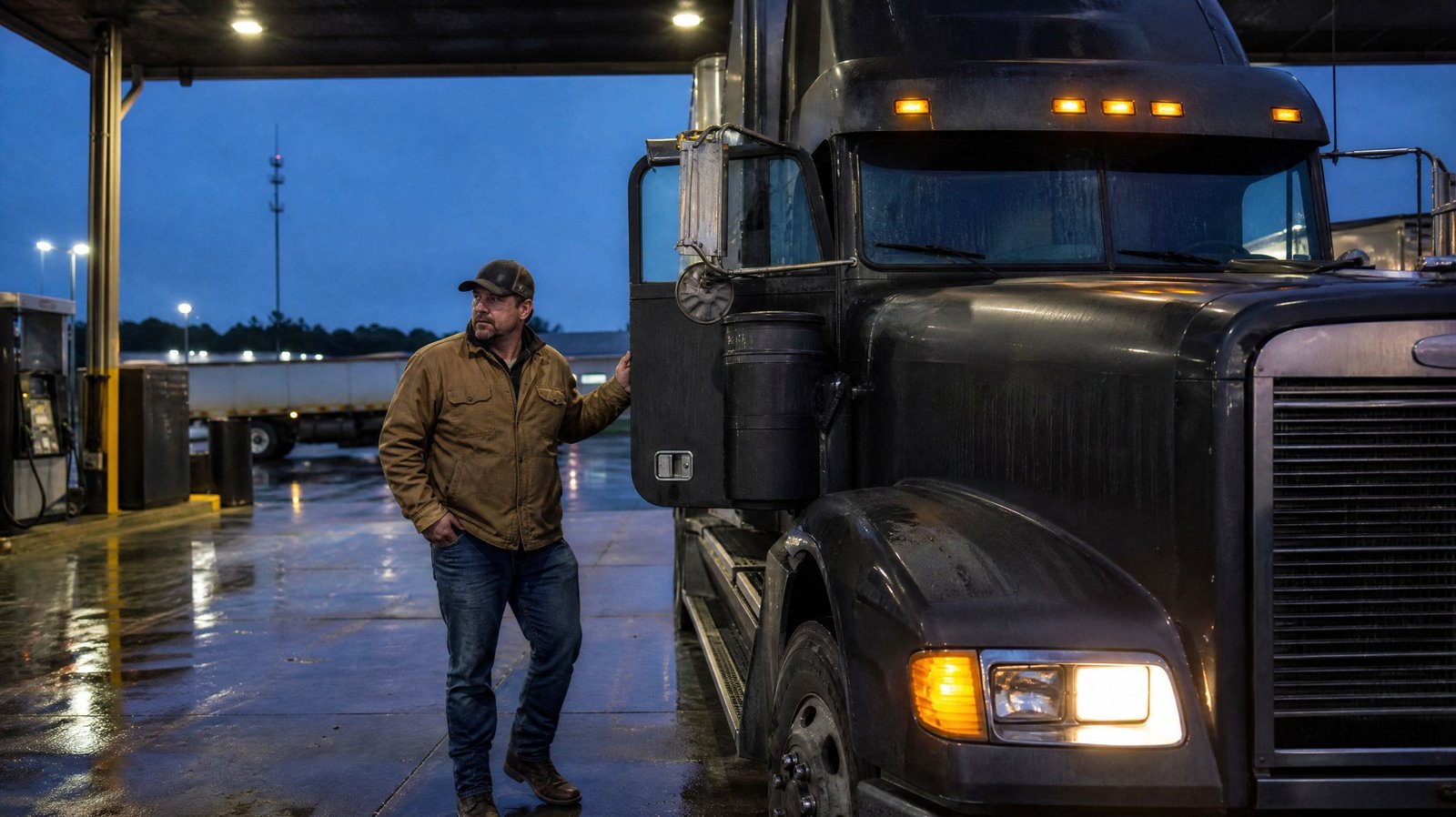 Owner operator standing beside his semi truck at a truck stop fuel island at dusk