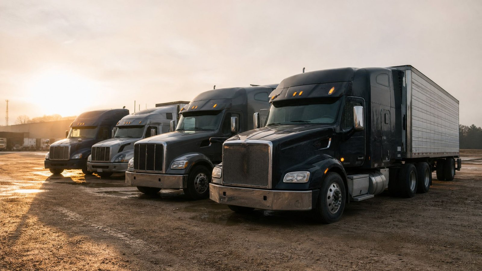 Row of semi trucks parked at a carrier terminal yard in early morning light