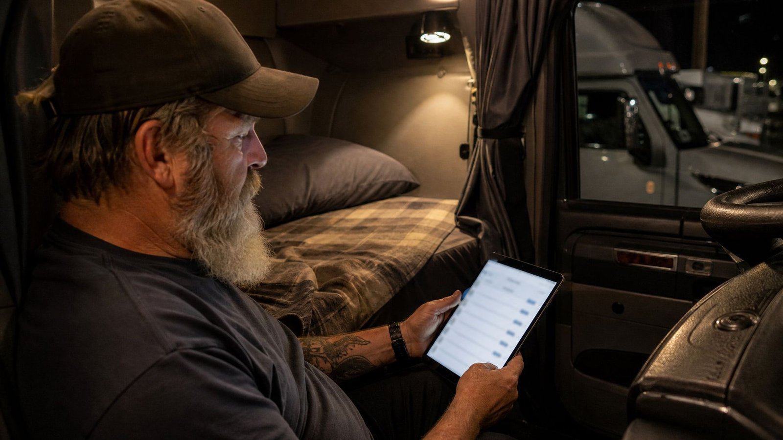 Driver checking freight loads on a tablet inside a sleeper cab at night