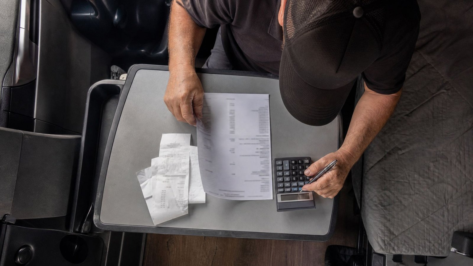 Owner operator reviewing a settlement statement with fuel receipts and a calculator
