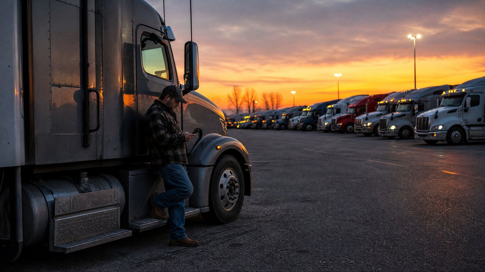 Truck driver reading an email on his phone in a truck stop parking lot