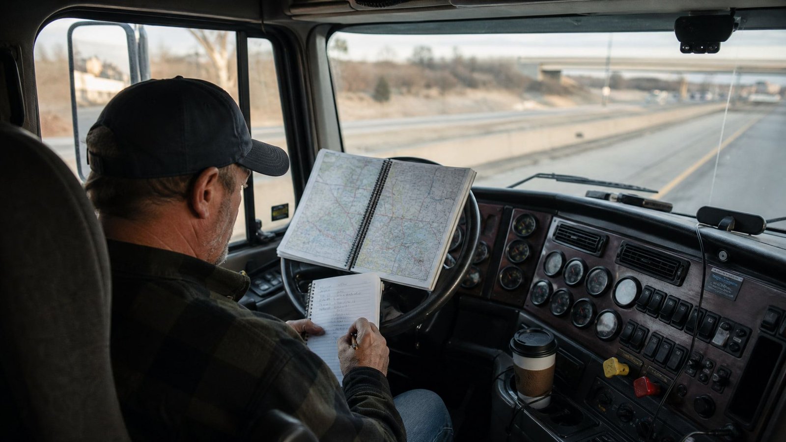 Truck driver planning his next run with a road atlas and notebook in the cab
