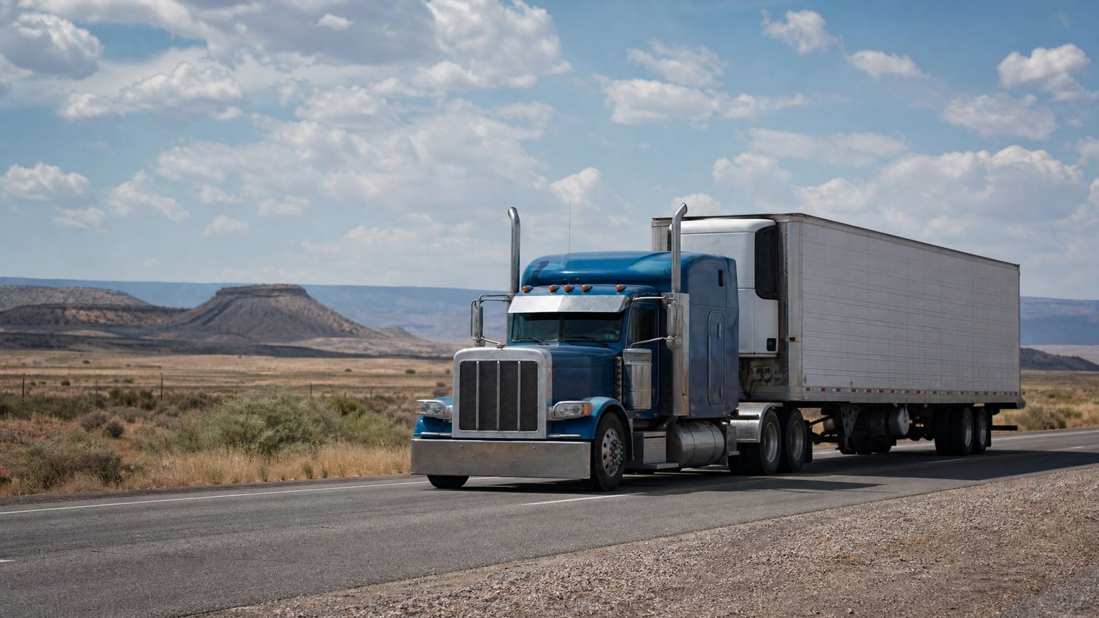 Semi truck running an interstate highway through open country
