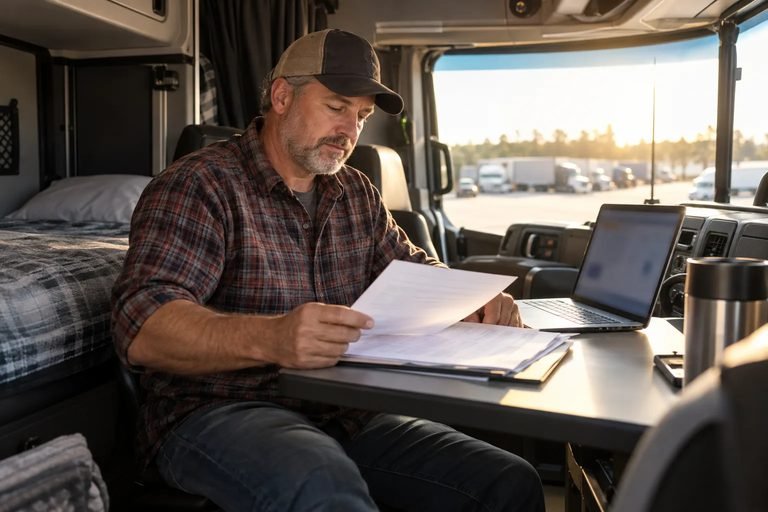 Owner operator at his sleeper cab table reviewing compliance paperwork on a laptop