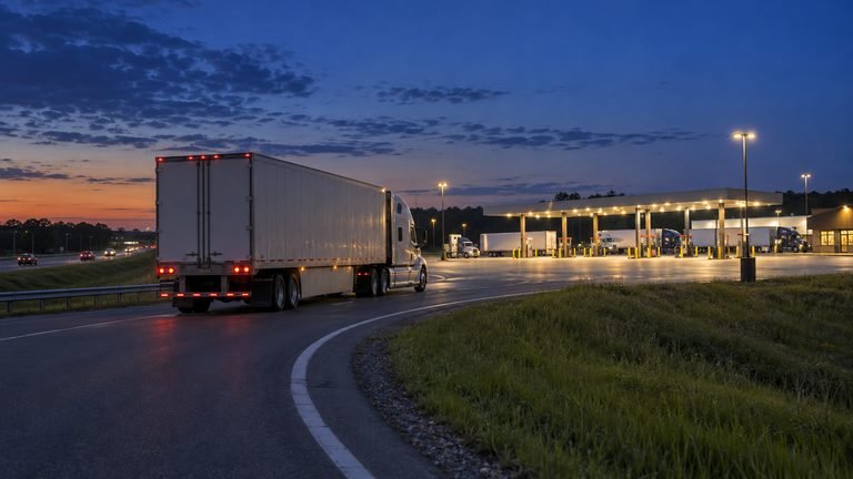 Semi truck taking an interstate exit ramp at dusk toward a lit truck stop