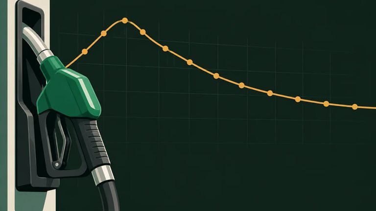 Green diesel pump nozzle beside an orange line chart that peaks, then slopes down, for falling diesel prices