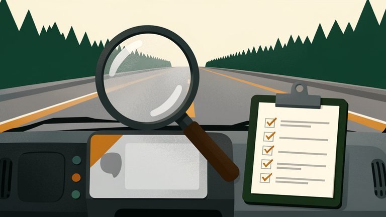 Magnifying glass and clipboard checklist on a truck dashboard, showing a CDL school check