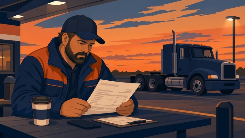 Owner-operator reviewing a freight invoice at a truck stop table with a semi parked behind