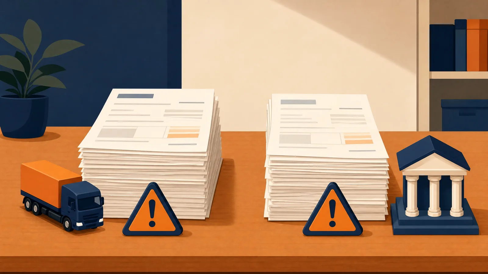 Two stacks of unpaid invoices, one marked as buy back risk for the carrier and one as broker bankruptcy risk for the factor