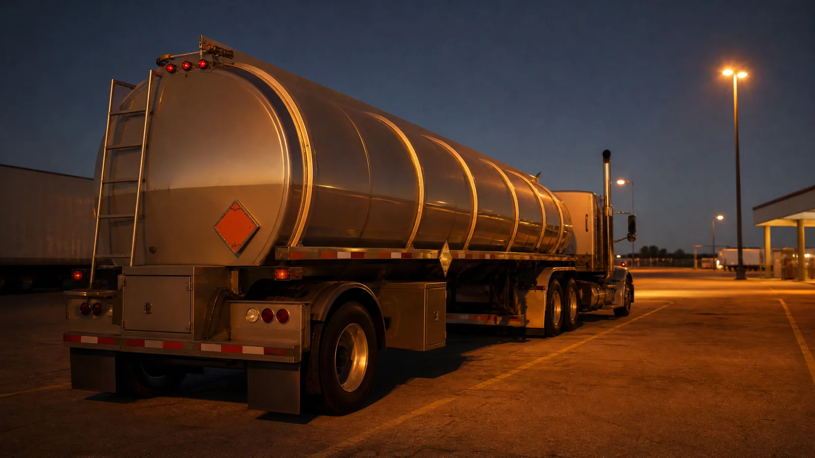 Tanker truck with a hazmat placard parked at a truck stop at dusk