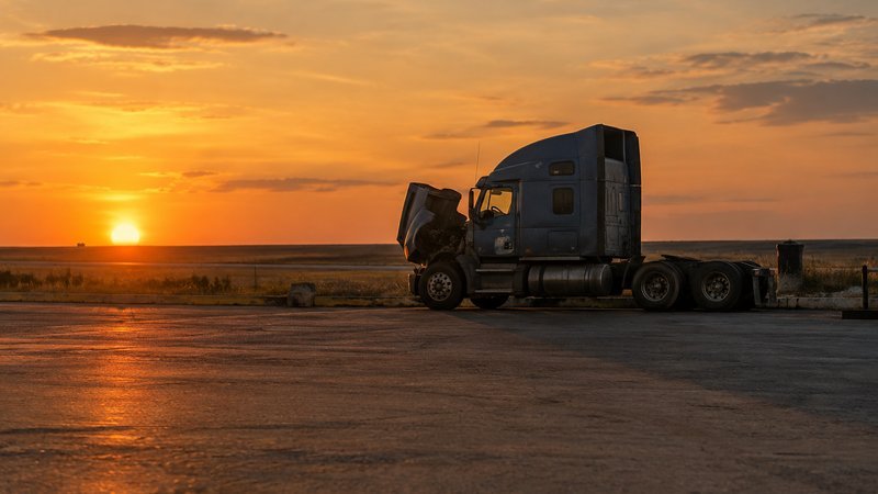 Lone semi truck with its hood open parked at an empty truck stop at sunset