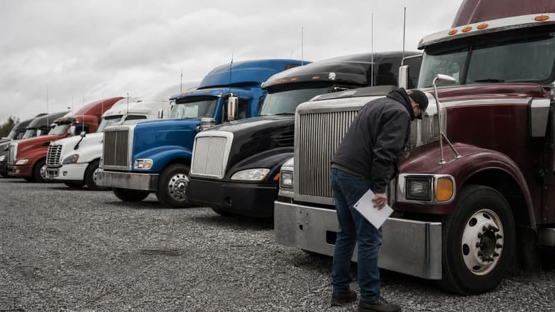 Truck driver inspecting the front of a used semi truck in a row of trucks for sale on a gravel dealer lot