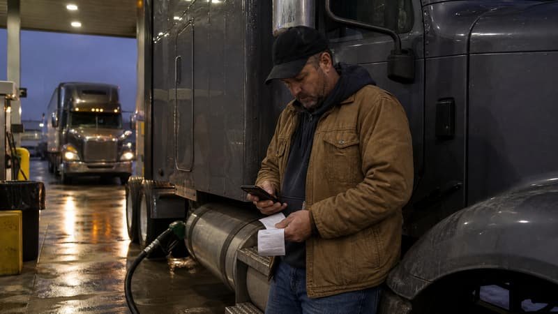 Truck driver at a fuel island at dusk working out a load on his phone calculator while the diesel pump runs