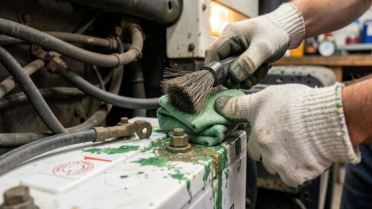 Gloved hands cleaning corrosion off a semi truck battery post with a wire brush