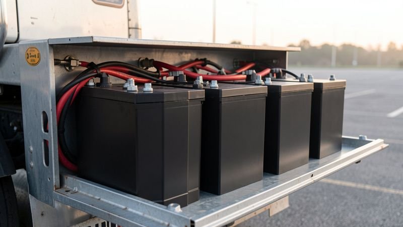 Four matched black batteries wired together with red and black cables in a semi truck battery box
