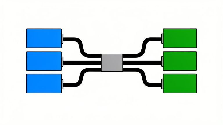 Diagram of a blue start battery bank and a green house battery bank joined by a gray DC to DC charger
