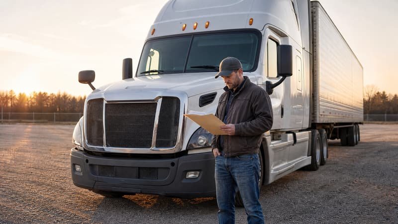 Owner operator checking his registration papers beside one semi truck parked alone in a truck yard at sunrise