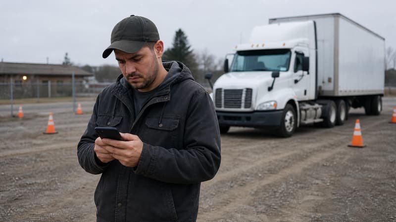 CDL student checking on his phone if his CDL school is still legit, beside a training truck on a practice lot