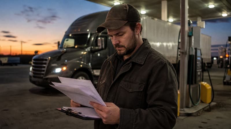 A semi truck driver reads a lease agreement and settlement sheets at a truck stop fuel island at dusk