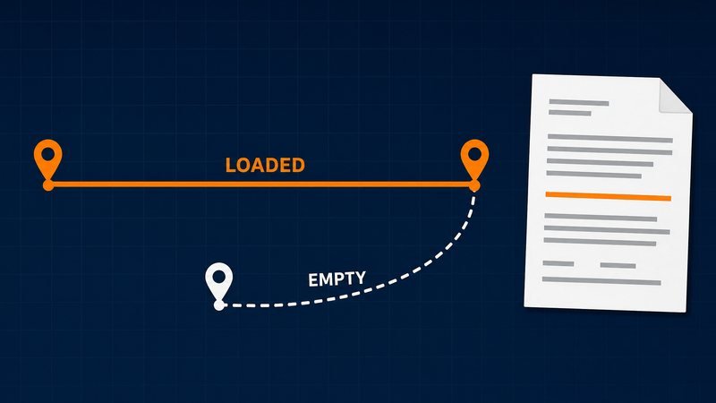 Route diagram with a solid line for loaded miles and a dashed line for empty miles beside a rate confirmation sheet