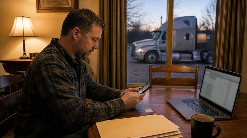 Owner operator at a kitchen table holding up a phone to photograph his ID card beside an open laptop and a folder of papers