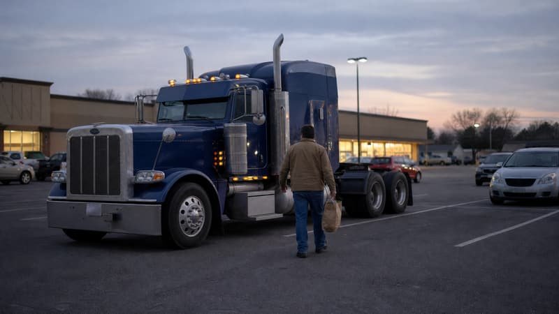Owner operator walking back to his semi truck with no trailer, carrying a bag of groceries across a store parking lot