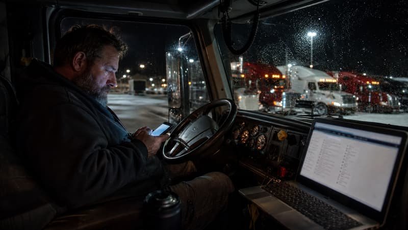 Owner operator in his parked truck at night searching for loads on a phone, with a laptop open on the passenger seat