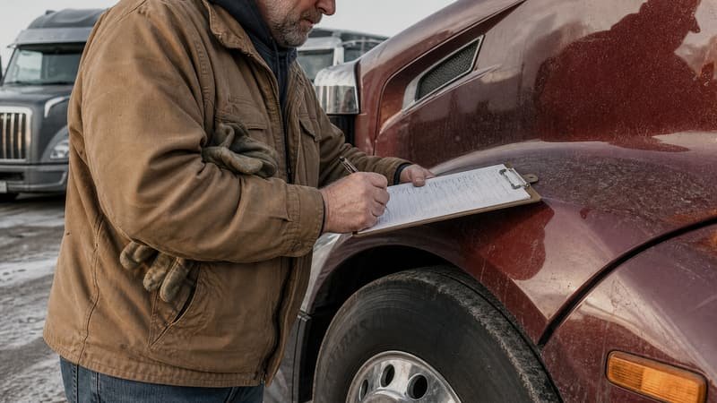 Truck driver checking off a paper checklist on a clipboard resting on the fender of his semi truck