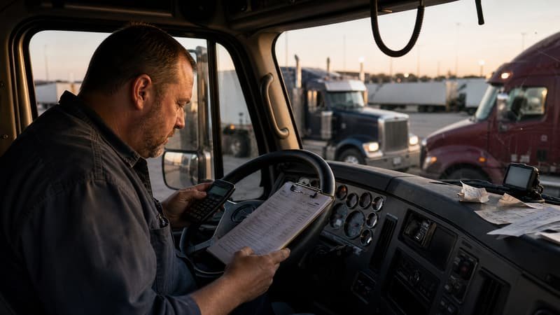 Owner operator sitting in his cab going over a settlement sheet with a calculator and fuel receipts