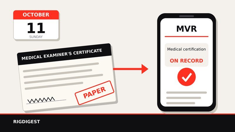Illustration of a paper medical examiner's certificate with a PAPER stamp, an arrow to a phone showing an MVR with medical certification on record, and a calendar page for Sunday, October 11