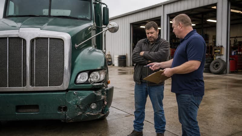 Owner operator and an insurance adjuster with a clipboard looking at a dented front bumper on a semi truck outside a repair shop
