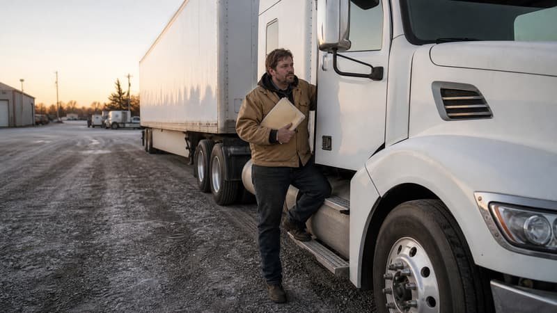 Owner operator standing beside his own semi truck in a gravel yard at sunrise, holding a folder of paperwork