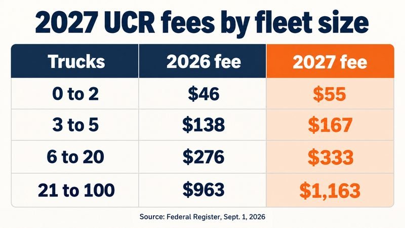 Table graphic of 2027 UCR fees by fleet size: 0 to 2 trucks $55, 3 to 5 trucks $167, 6 to 20 trucks $333, 21 to 100 trucks $1,163, with 2026 fees beside them
