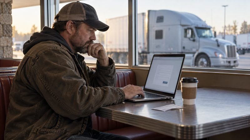 Owner operator in a work jacket and ball cap at a truck stop diner booth, reading UCR registration steps on a laptop with a sleeper semi parked outside