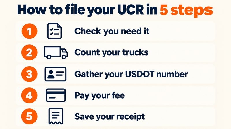 Five step graphic for filing UCR registration: check you need it, count your trucks, gather your USDOT number, pay your fee, save your receipt