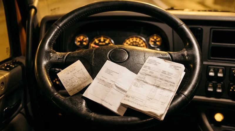 A fuel receipt and two paper statements resting on a semi truck steering wheel