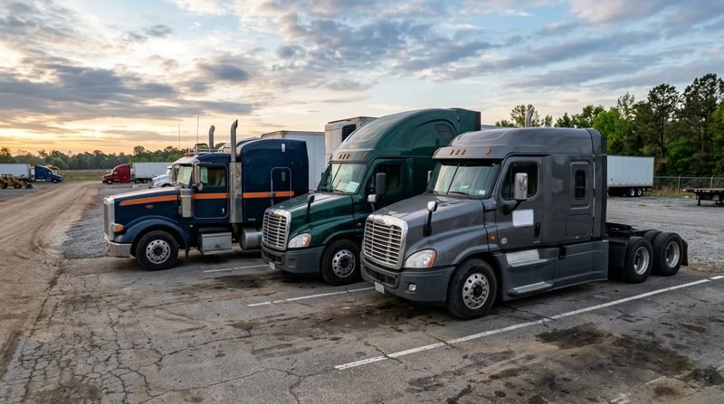 Three semi trucks parked side by side in a truck lot at sunrise, one blue, one green and one gray