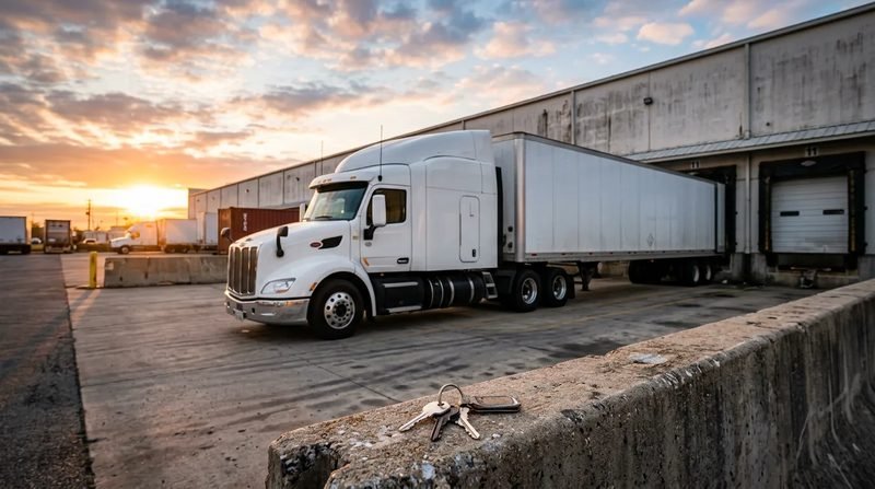 A white semi truck and trailer at a freight dock at sunrise, with three keys on a concrete barrier
