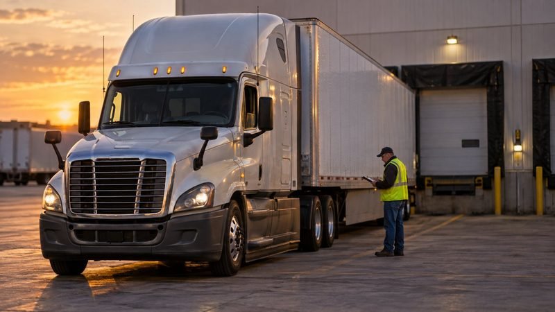 Semi truck and dry van trailer at a freight dock at dusk while a driver checks paperwork